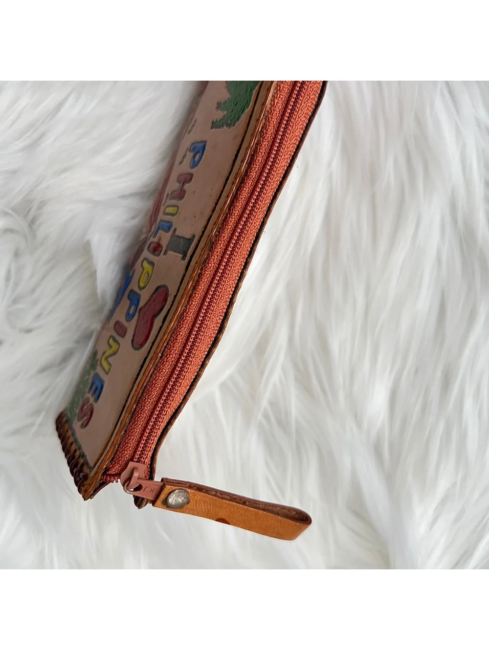 Philippines Leather Wallet Hand Tooled Painted Souvenir Zip Coin Purse 6”